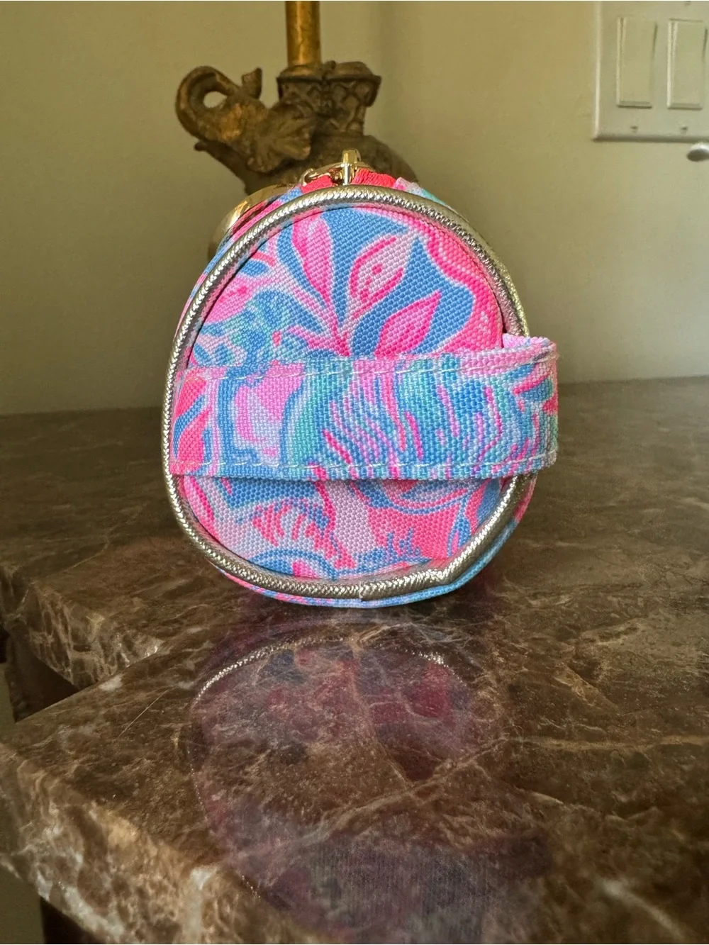 Lilly Pulitzer Pink and Blue Floral Cosmetic Pouch with Gold Accent